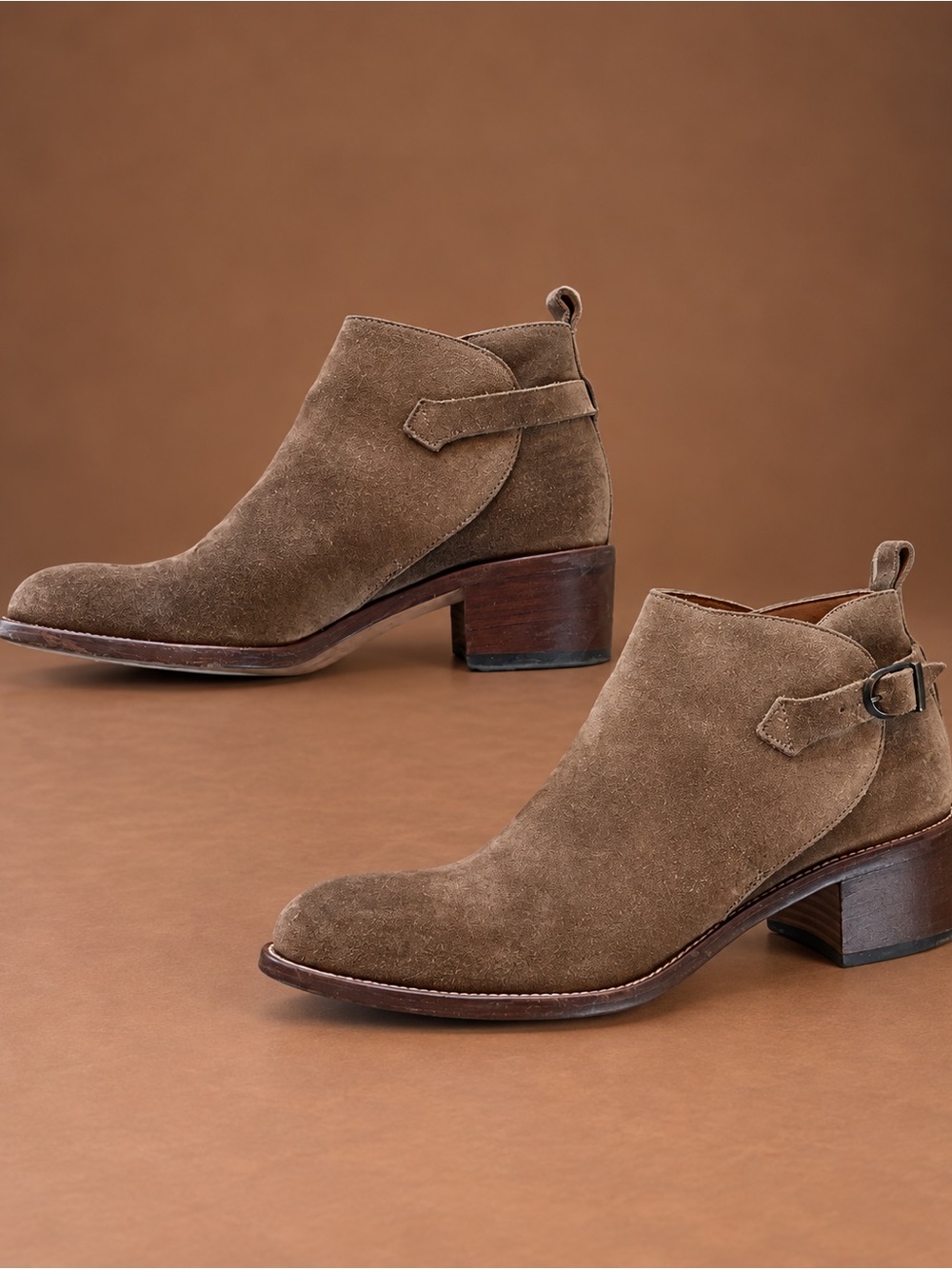 SARTORE PARIS Suede Buckle Strap Ankle Boots Stacked Heel Taupe Italy 35